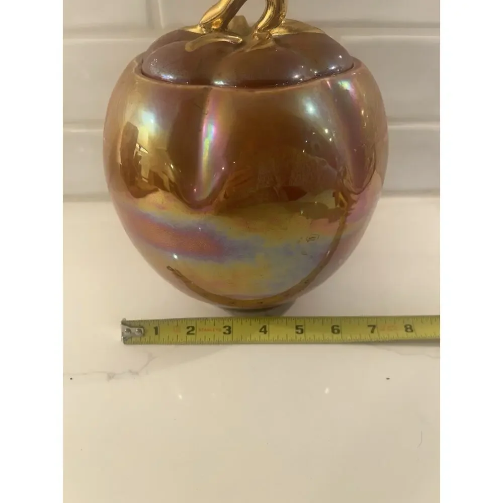 Vtg Fall Pumpkin Canister Orange Lusterware Iridescent Gold Lid Stem Cookie Jar‎